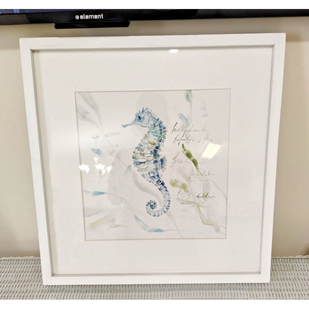 Blue Seahorse Framed Art Print Nautical Coastal Beach Decor White Wood Frame 19"